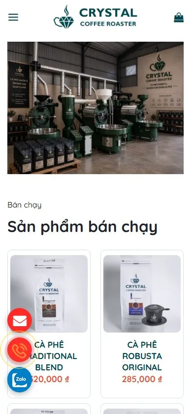Website Crystal Coffee Roaster trên mobile, chụp ngày 03/10/2026
