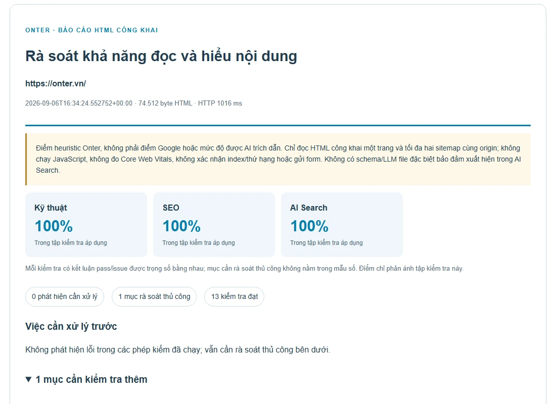Kết quả minh họa cho AI Search Audit