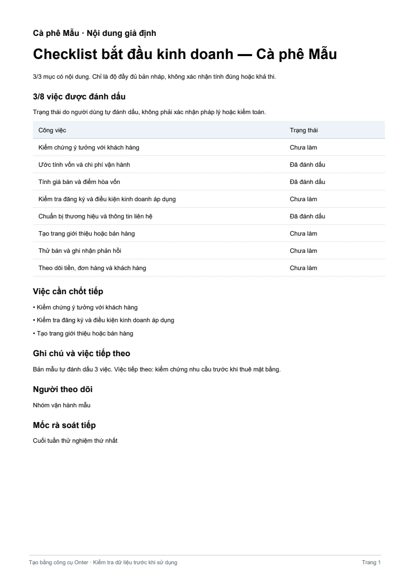 Kết quả minh họa cho Checklist bắt đầu kinh doanh