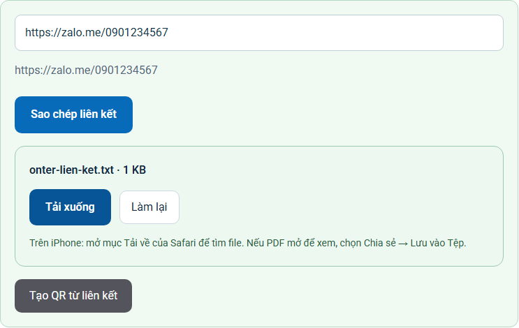 Kết quả minh họa cho Tạo link Zalo