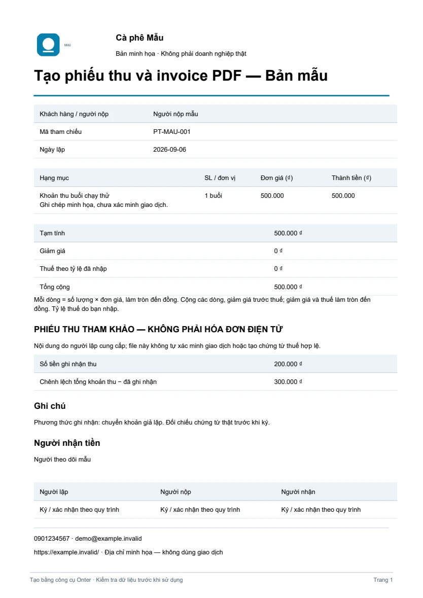 Kết quả minh họa cho Tạo phiếu thu và invoice PDF