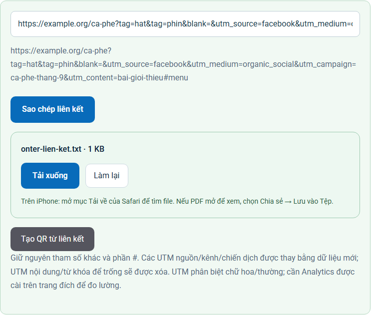 Kết quả minh họa cho UTM Builder