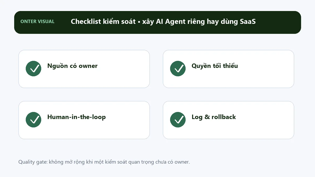 Checklist kiểm soát khi triển khai xây ai agent riêng hay dùng saas