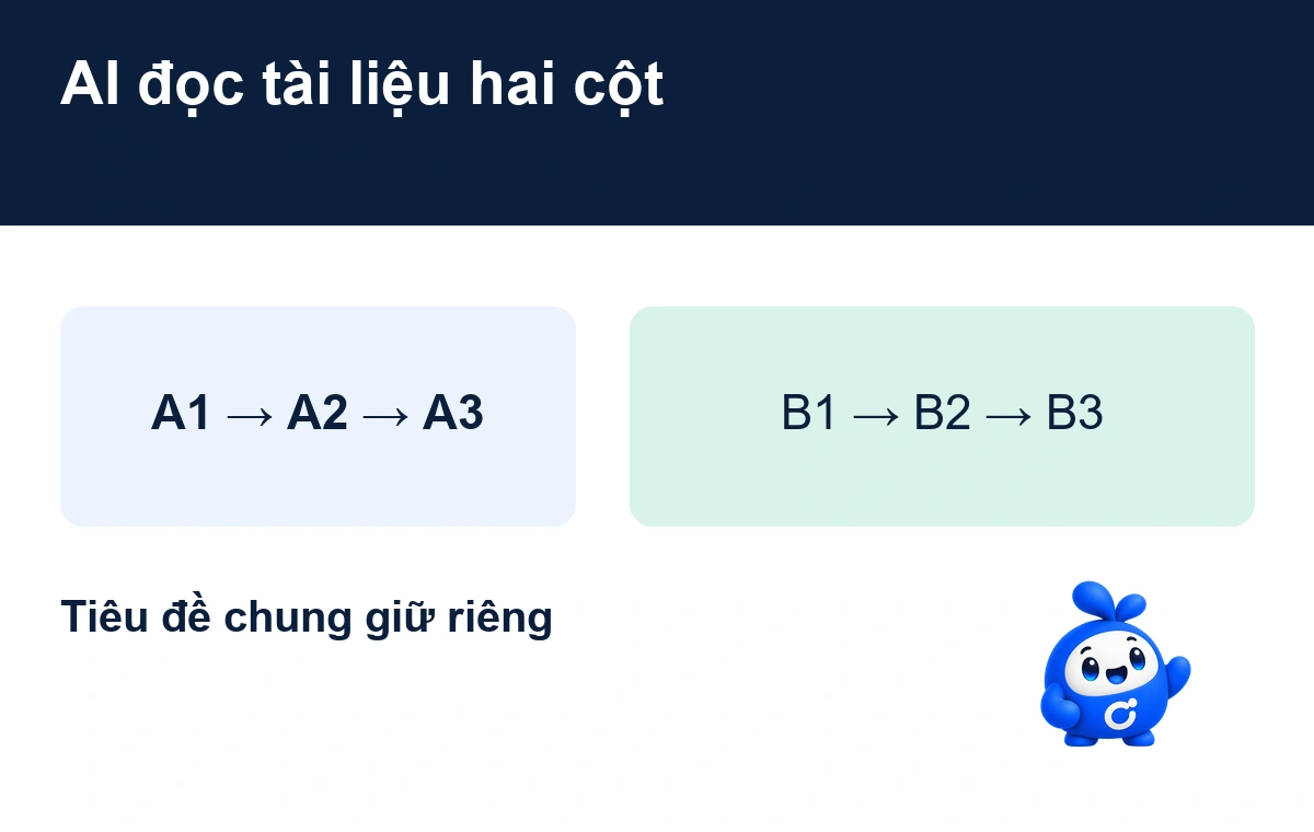 AI đọc tài liệu hai cột: A1 → A2 → A3; B1 → B2 → B3. Bee Onter ở mép bố cục.