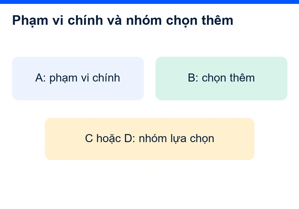 A thuộc phạm vi chính, B là mục chọn thêm, C hoặc D thuộc nhóm lựa chọn phải xác nhận.