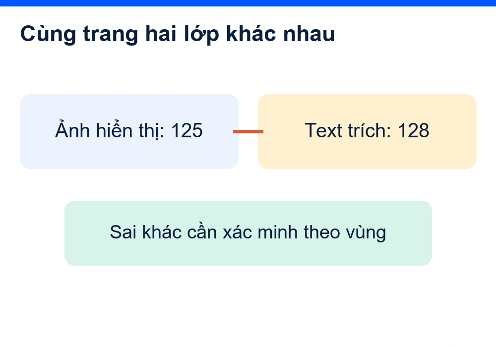 Một vùng PDF giả định hiển thị 125 nhưng text trích ra 128, cần đối chiếu hai lớp theo vùng.