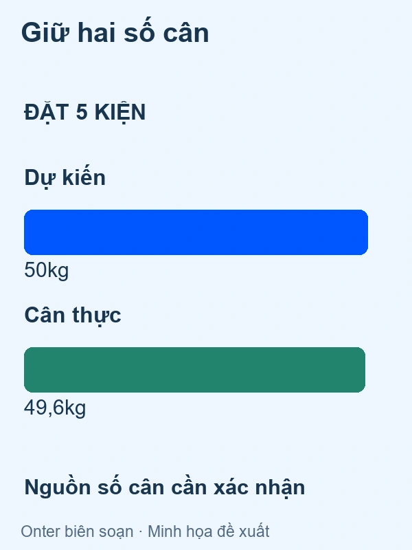 Lượng đặt 5 kiện, dự kiến 50 kg và cân thực 49,6 kg trong ví dụ giả định