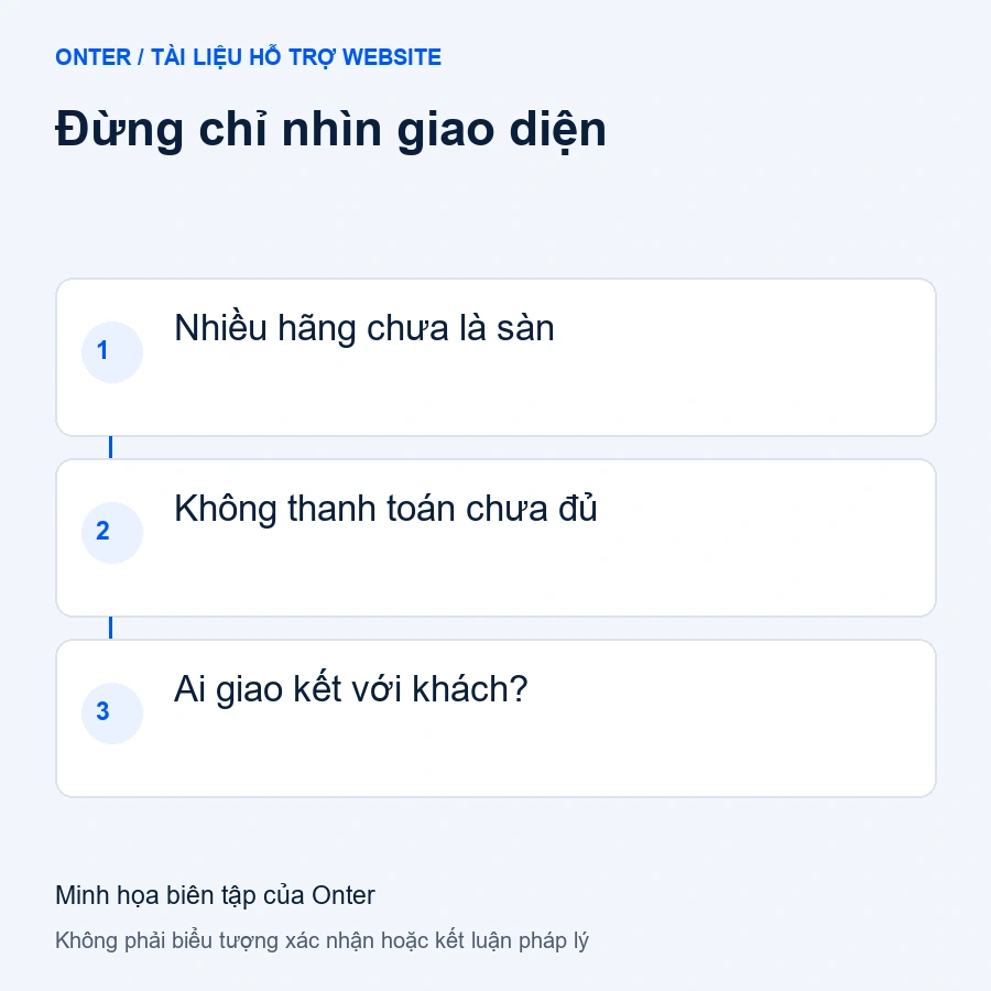 Đừng chỉ nhìn giao diện: Nhiều hãng chưa là sàn; Không thanh toán chưa đủ; Ai giao kết với khách?