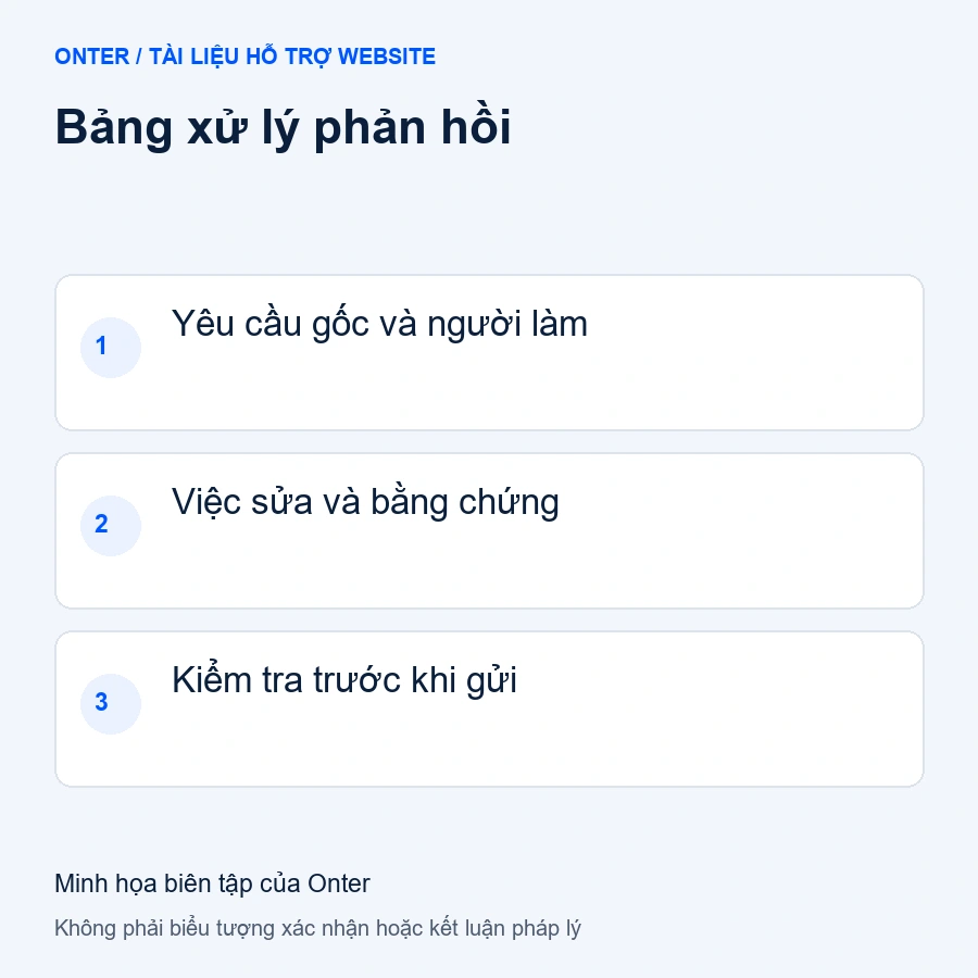 Hồ sơ thông báo website bị trả: bảng yêu cầu gốc, việc sửa, bằng chứng và người phụ trách