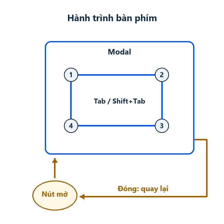 Modal website: đường Tab trong hộp thoại và điểm quay lại nút mở khi đóng