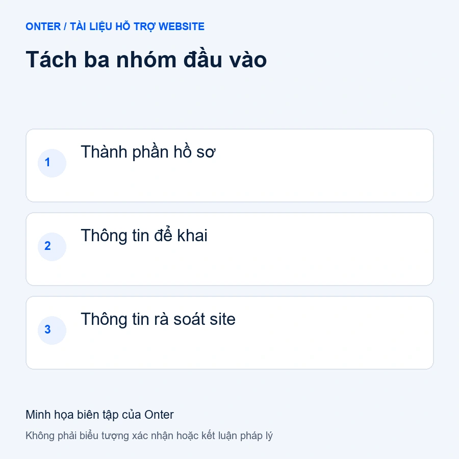 Tách ba nhóm đầu vào: Thành phần hồ sơ; Thông tin để khai; Thông tin rà soát site