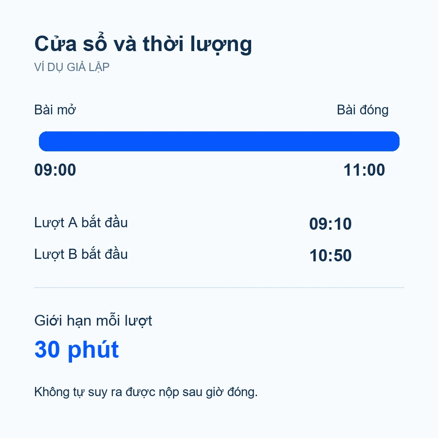 Ví dụ bài mở09:00 đóng11:00, hai lượt bắt đầu09:10 và10:50 với giới hạn30phút