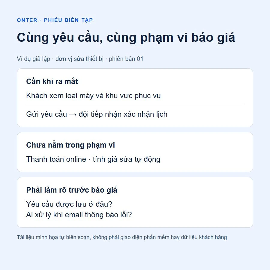 Phiếu giả lập tách phần cần khi ra mắt, ngoài phạm vi và câu cần làm rõ trước báo giá