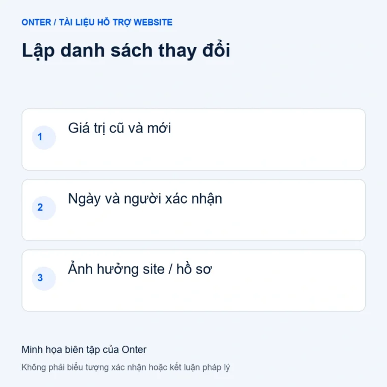 Lập danh sách thay đổi: Giá trị cũ và mới; Ngày và người xác nhận; Ảnh hưởng site / hồ sơ