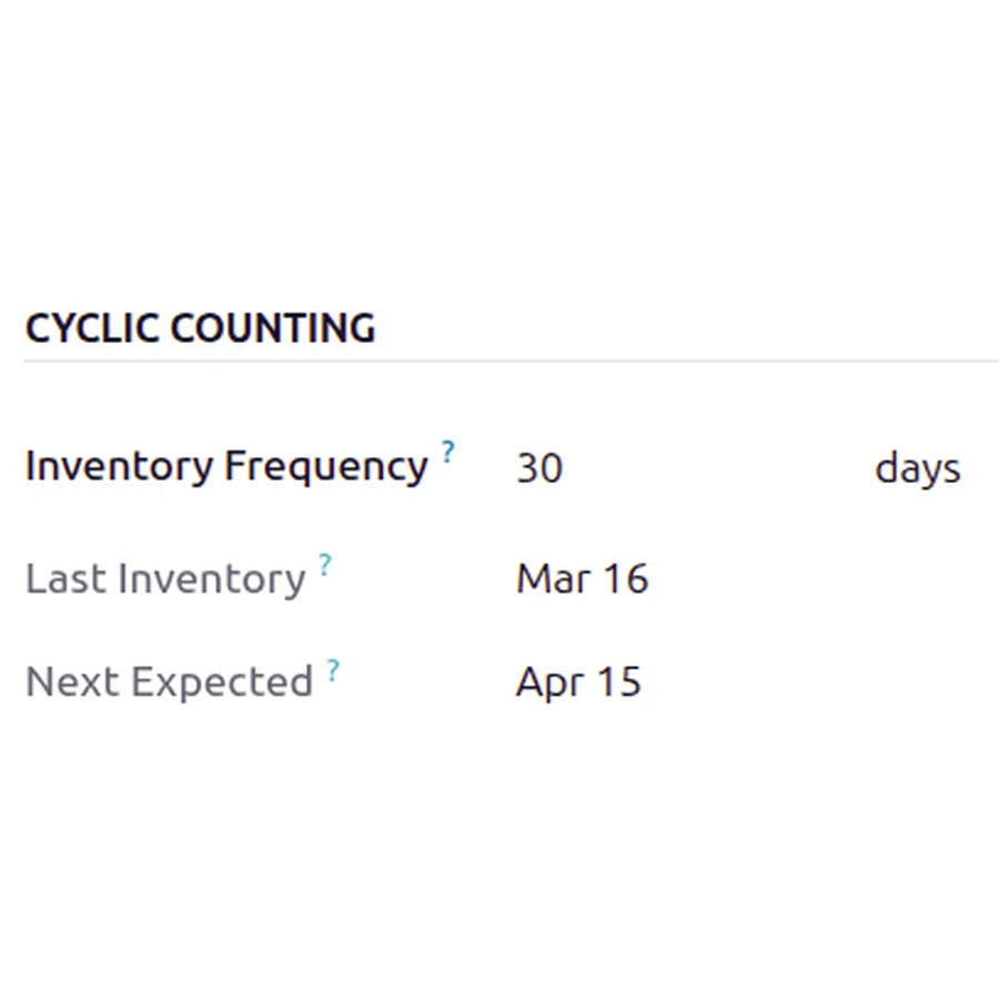 Lịch kiểm kê luân phiên trong ảnh tài liệu Odoo: Inventory Frequency 30 days, Last Inventory Mar 16 và Next Expected Apr 15