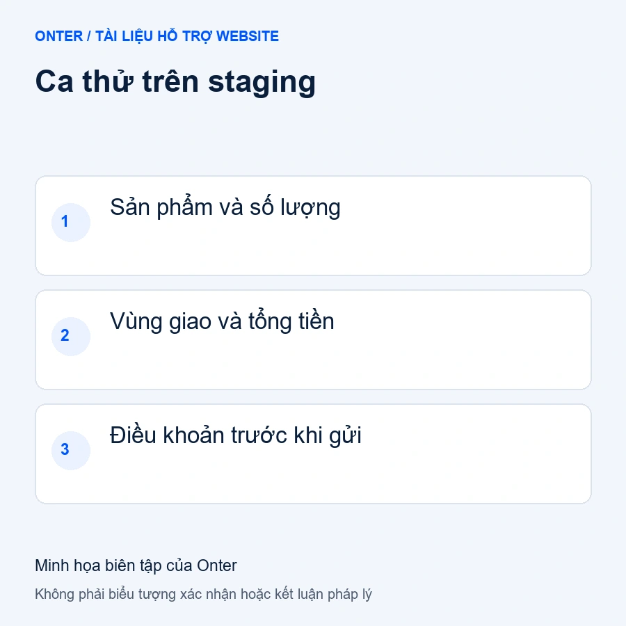 Thông báo website WooCommerce: ca thử sản phẩm, vùng giao hàng, tổng tiền và điều khoản trên staging