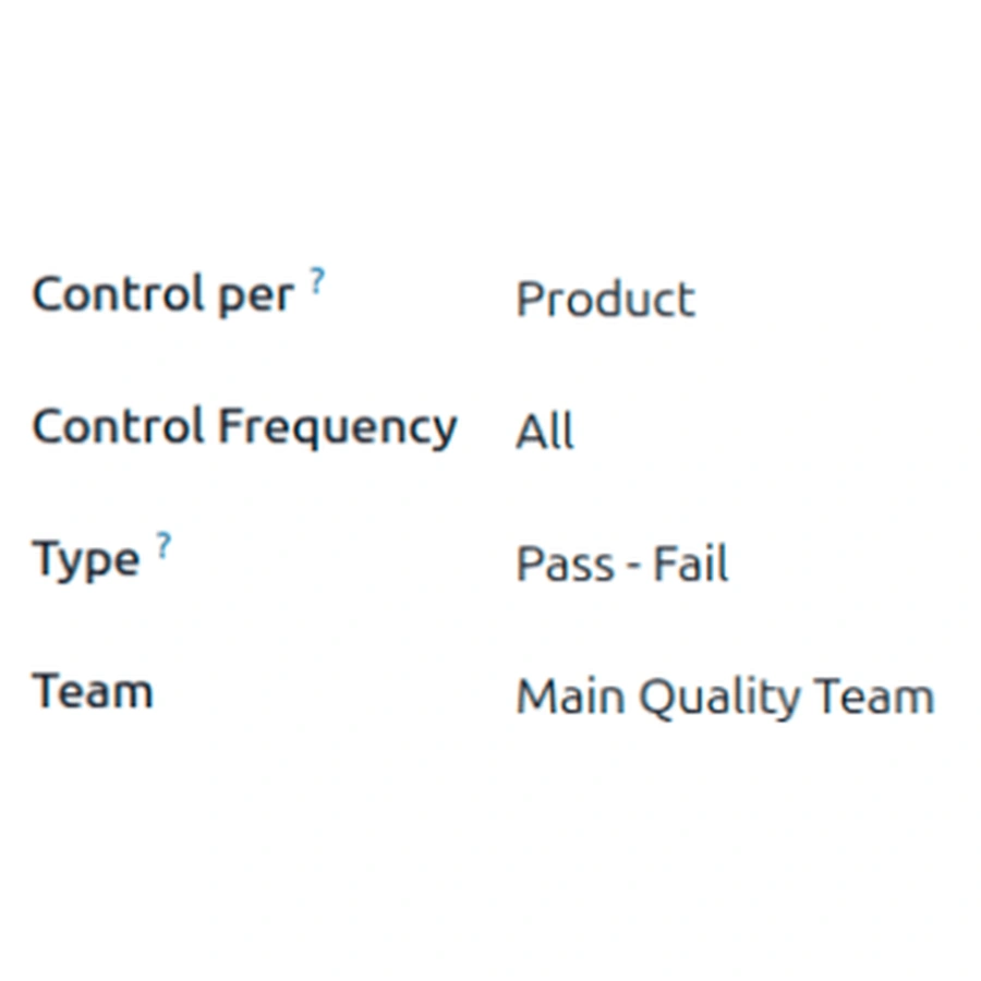 Điểm kiểm soát chất lượng Odoo đặt Control per là Product và Control Frequency là All trong ví dụ tài liệu