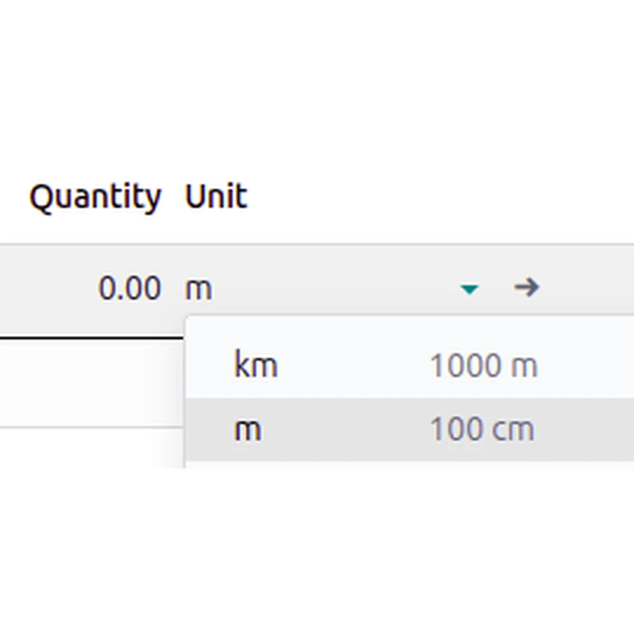 Vùng Unit trong tài liệu Odoo với đơn vị m và lựa chọn km, minh họa cấu hình đơn vị mua hàng