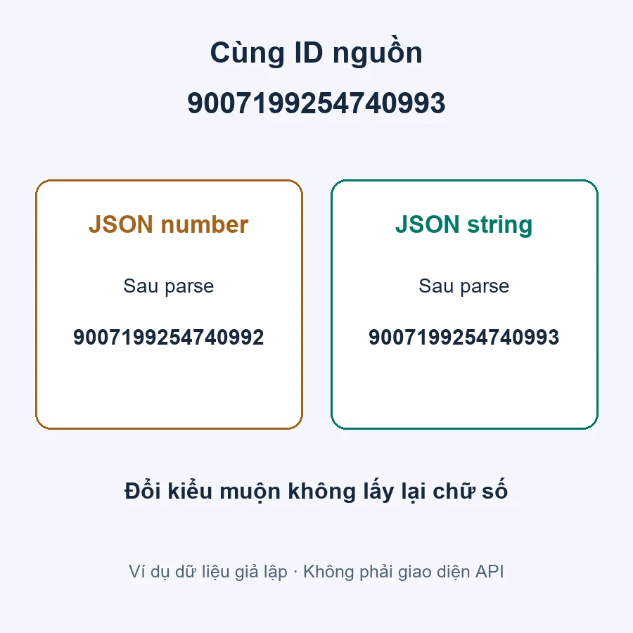 Ví dụ ID dài trong JavaScript: chuỗi 9007199254740993 giữ nguyên, còn parse JSON number thành 9007199254740992