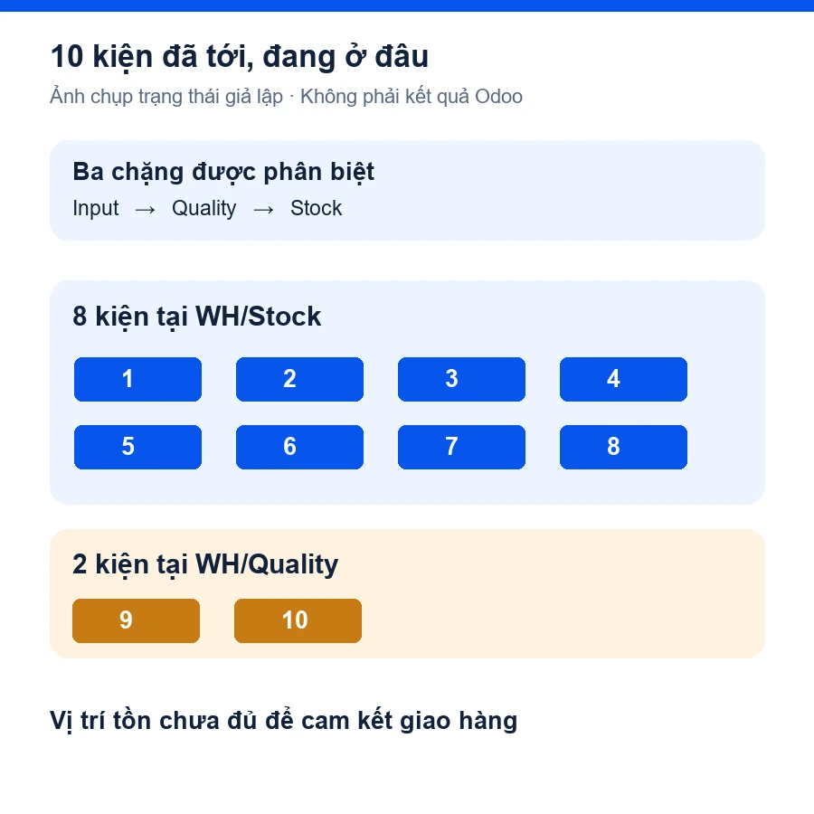 Ví dụ giả lập mười kiện trong đó tám kiện ở Stock và hai kiện ở Quality, không phải kết quả chạy Odoo