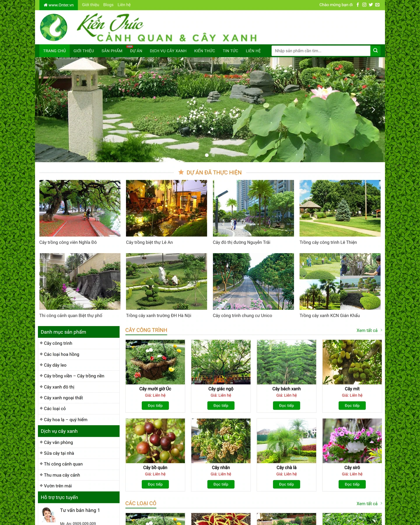 Mẫu website cảnh quan và cây xanh: Preview Cây Xanh gồm sân vườn, tám ảnh công trình và danh mục cây