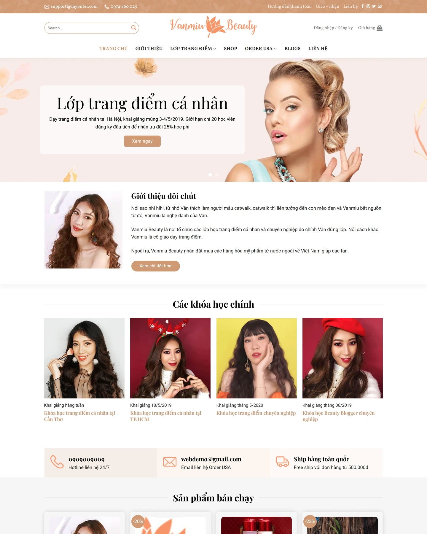 Mẫu website khóa học trang điểm: Preview khóa học trang điểm với chân dung giảng viên và các thẻ chương trình