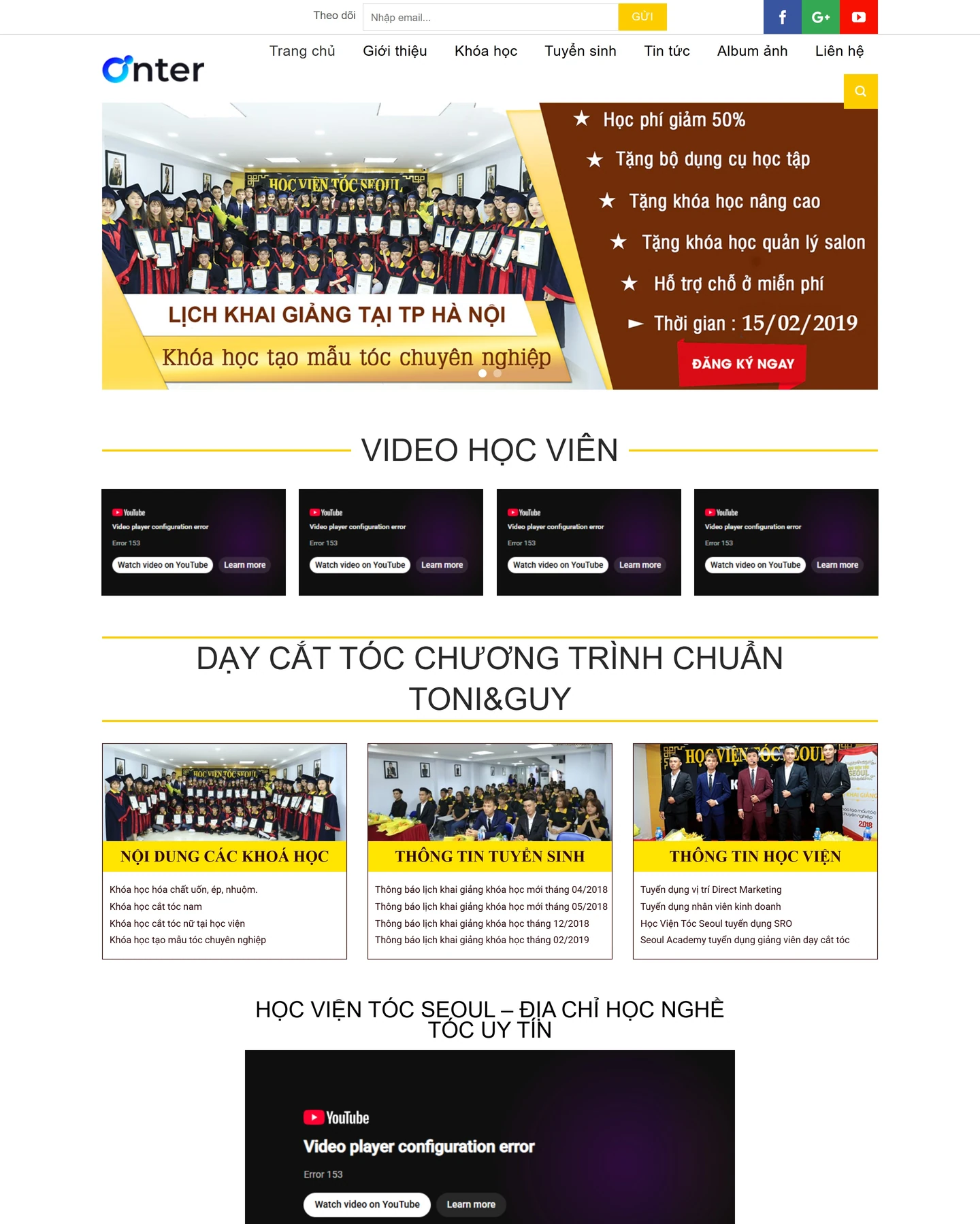 Mẫu website đào tạo nghề tóc: Preview Viện Tóc với banner mở lớp, video và ba nhóm nội dung tuyển sinh
