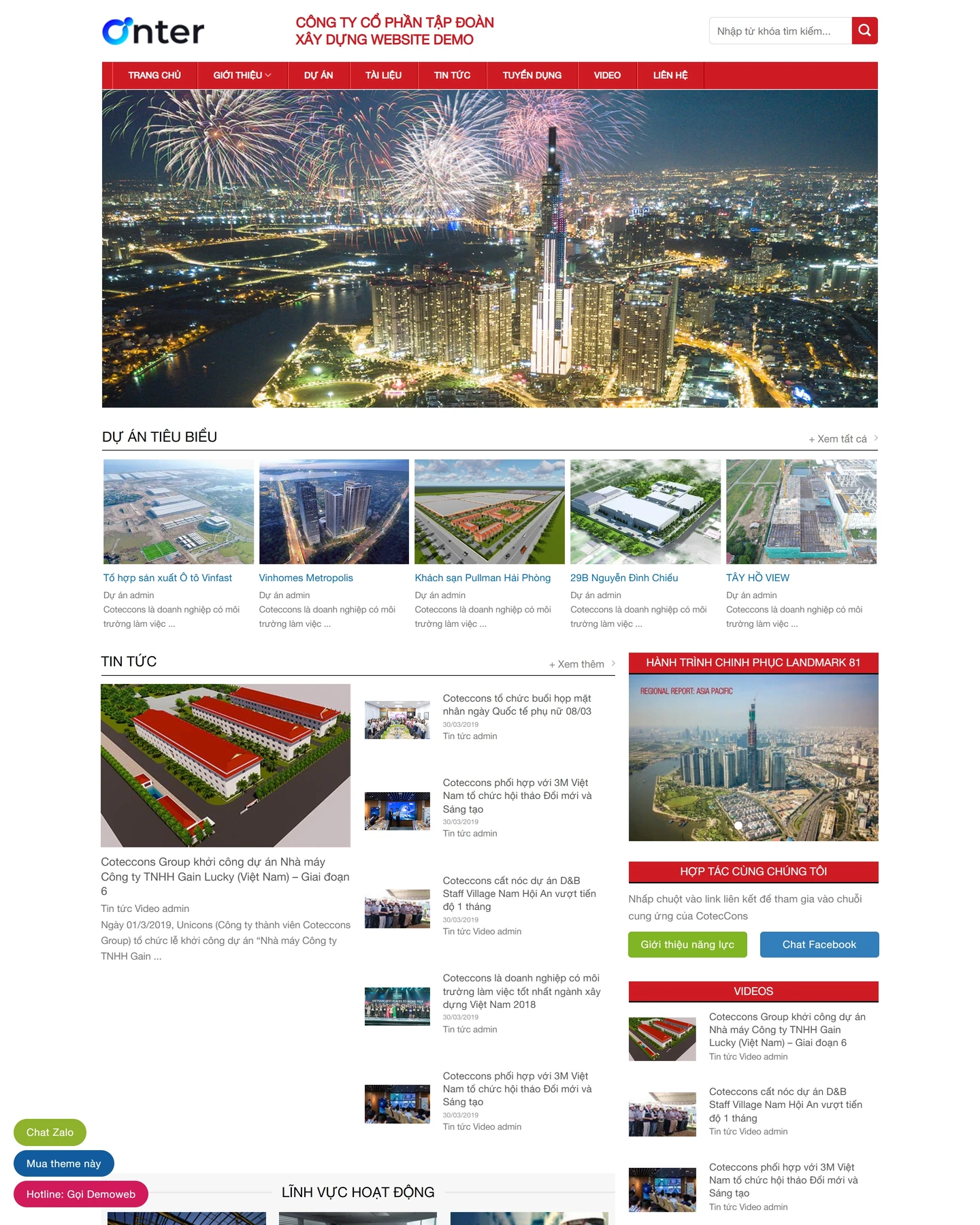 Mẫu website giới thiệu công ty xây dựng: Preview công ty xây dựng với banner đô thị, thẻ dự án và biểu mẫu hợp tác