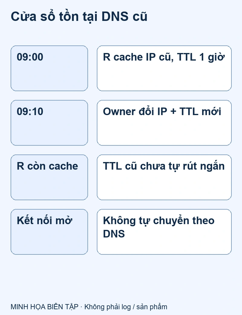 TTL đang cache không mất ngay khi sửa bản ghi; đích cũ cần kế hoạch