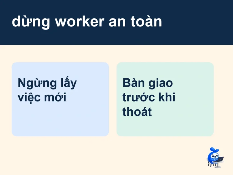 dừng worker an toàn: minh họa sổ trạng thái drain và công việc còn chạy tại thời hạn dừng