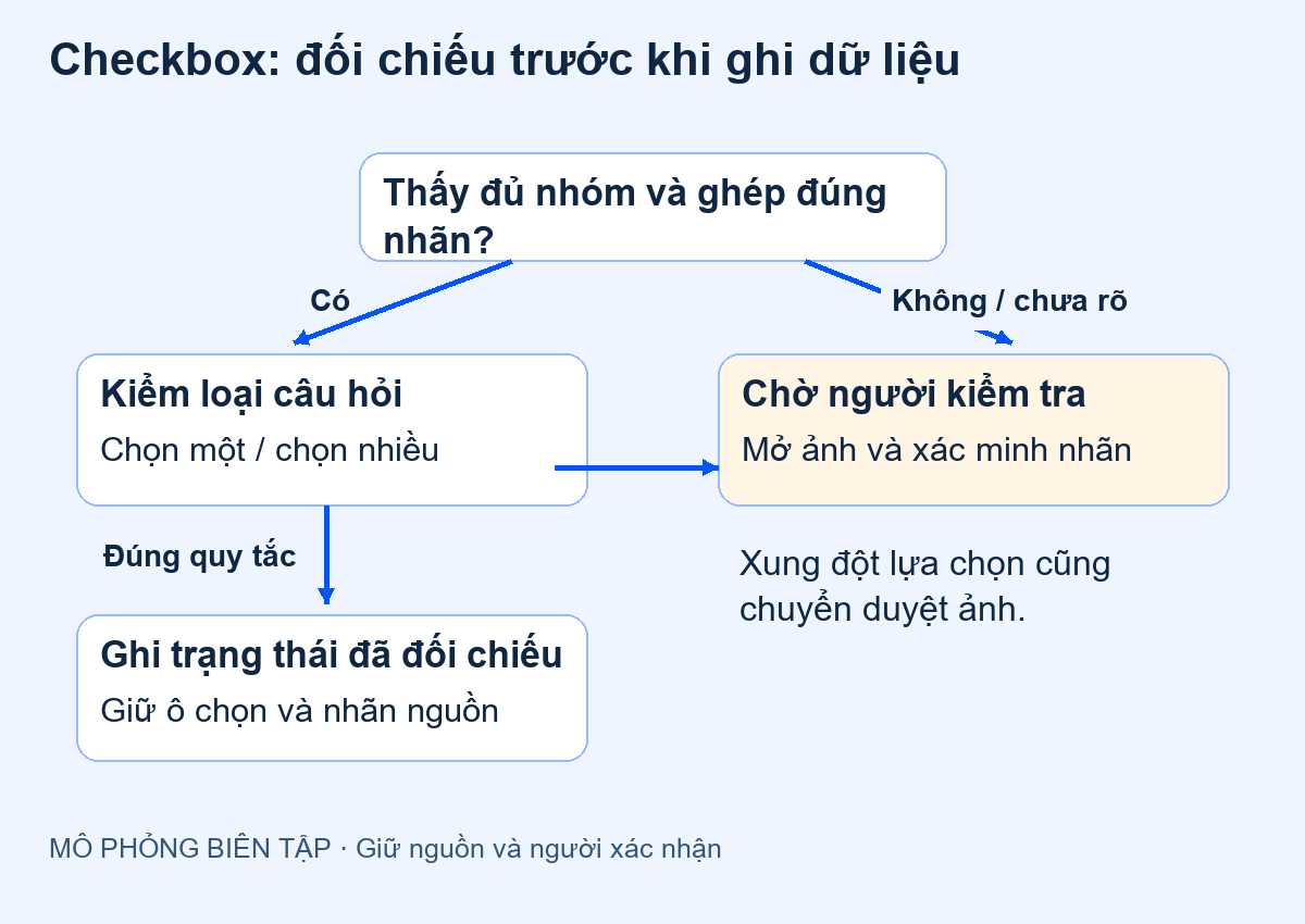Cây quyết định đối chiếu checkbox với nhãn và loại câu hỏi