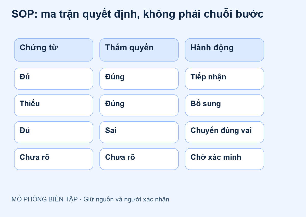 Ma trận điều kiện chứng từ và thẩm quyền trong SOP mô phỏng
