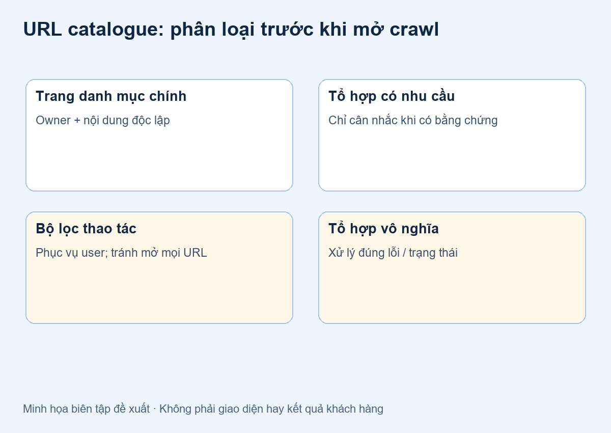 URL bộ lọc catalogue: chọn phần cần Google tìm thấy trước khi mở mọi tổ hợp — minh họa đề xuất