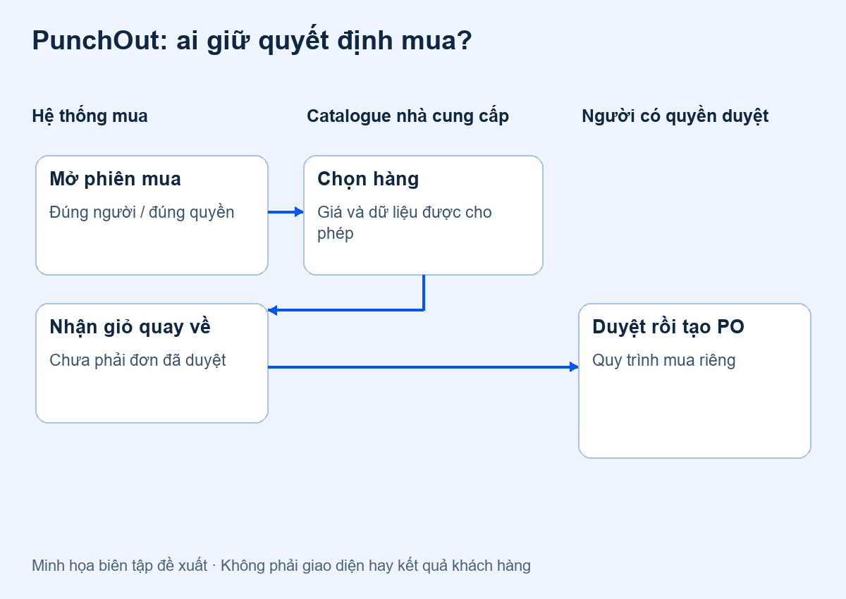 Catalogue PunchOut: chuyển giỏ hàng về hệ thống mua, chưa phải đơn đã duyệt — minh họa đề xuất