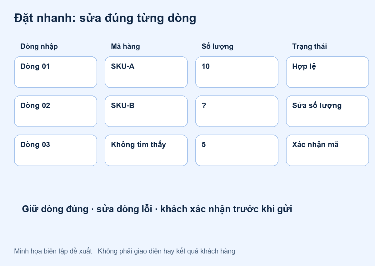 Đặt hàng nhanh B2B: dán nhiều SKU nhưng vẫn sửa được từng dòng — minh họa đề xuất