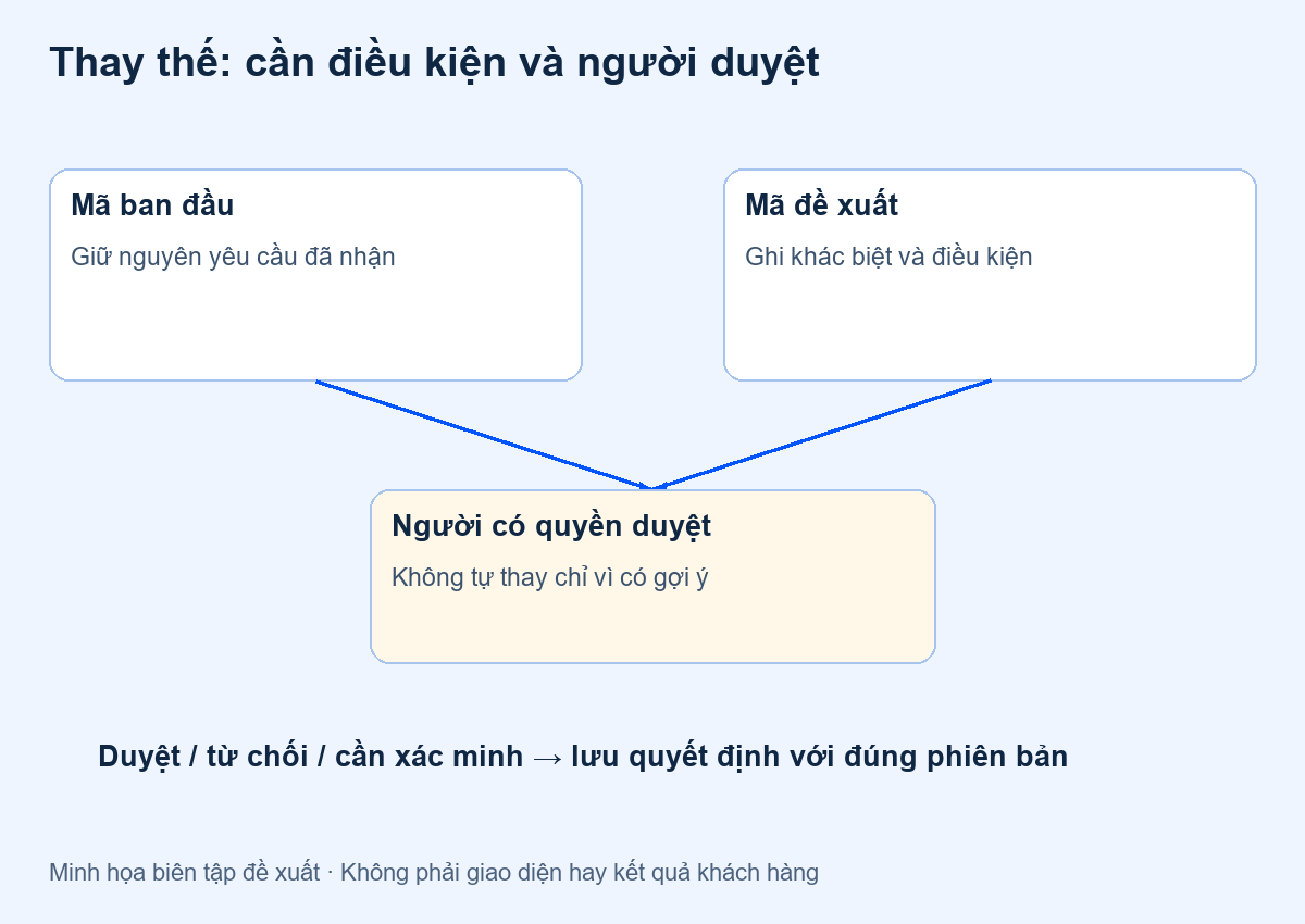 Sản phẩm thay thế trên website: gợi ý phải kèm điều kiện và người duyệt — minh họa đề xuất