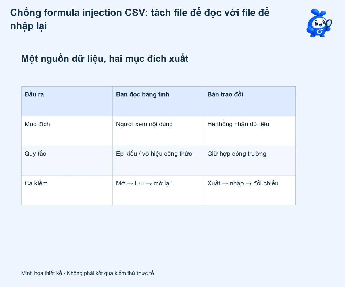 Chống formula injection CSV: tách file để đọc với file để nhập lại