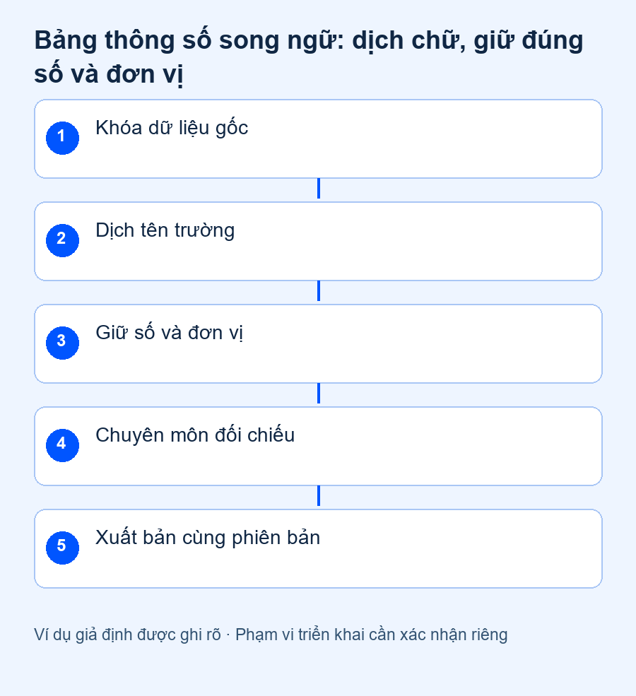 Bảng thông số song ngữ: dịch chữ, giữ đúng số và đơn vị — quy trình đề xuất