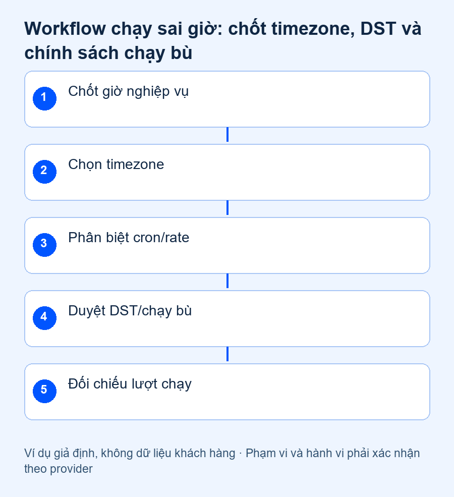 Workflow chạy sai giờ: chốt timezone, DST và chính sách chạy bù — quy trình nghiệm thu đề xuất