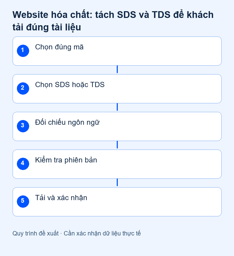 Website hóa chất: tách SDS và TDS để khách tải đúng tài liệu — sơ đồ quy trình đề xuất