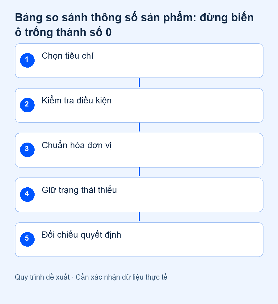 Bảng so sánh thông số sản phẩm: đừng biến ô trống thành số 0 — sơ đồ quy trình đề xuất