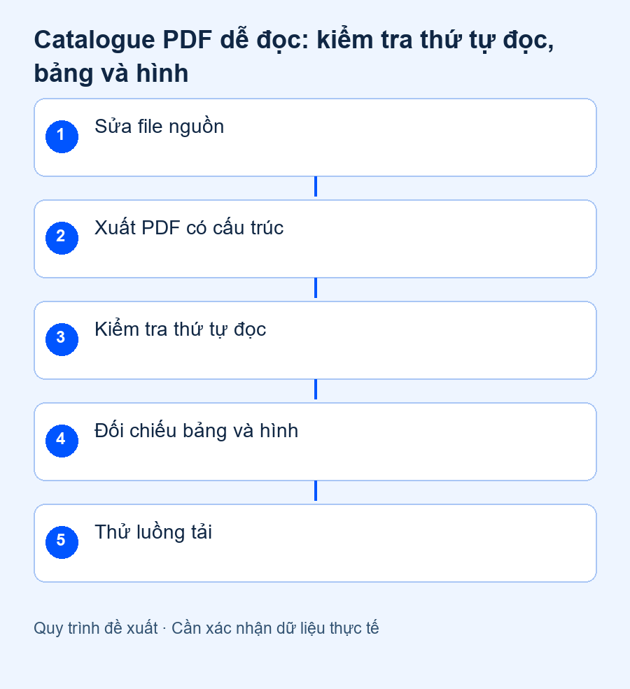 Catalogue PDF dễ đọc: kiểm tra thứ tự đọc, bảng và hình — sơ đồ quy trình đề xuất