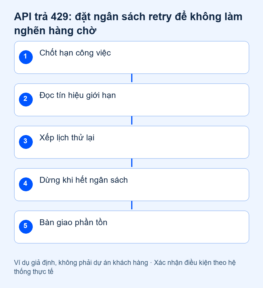 API trả 429: Chốt hạn công việc, Đọc tín hiệu giới hạn, Xếp lịch thử lại, Dừng khi hết ngân sách, Bàn giao phần tồn