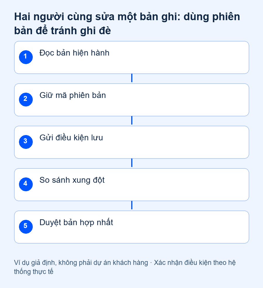 tránh ghi đè dữ liệu khi cùng sửa: Đọc bản hiện hành, Giữ mã phiên bản, Gửi điều kiện lưu, So sánh xung đột, Duyệt bản hợp nhất