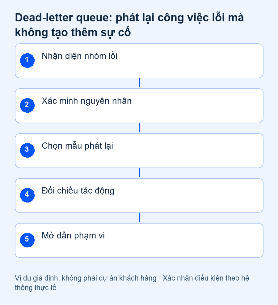dead-letter queue: Nhận diện nhóm lỗi, Xác minh nguyên nhân, Chọn mẫu phát lại, Đối chiếu tác động, Mở dần phạm vi