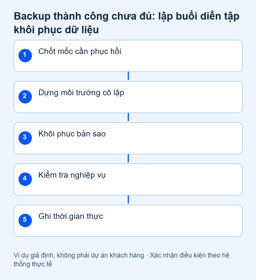 diễn tập khôi phục backup: Chốt mốc cần phục hồi, Dựng môi trường cô lập, Khôi phục bản sao, Kiểm tra nghiệp vụ, Ghi thời gian thực
