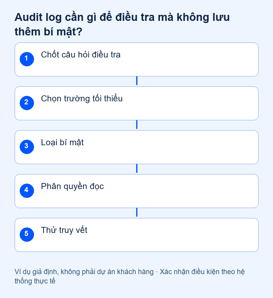 audit log không lưu dữ liệu nhạy cảm: Chốt câu hỏi điều tra, Chọn trường tối thiểu, Loại bí mật, Phân quyền đọc, Thử truy vết