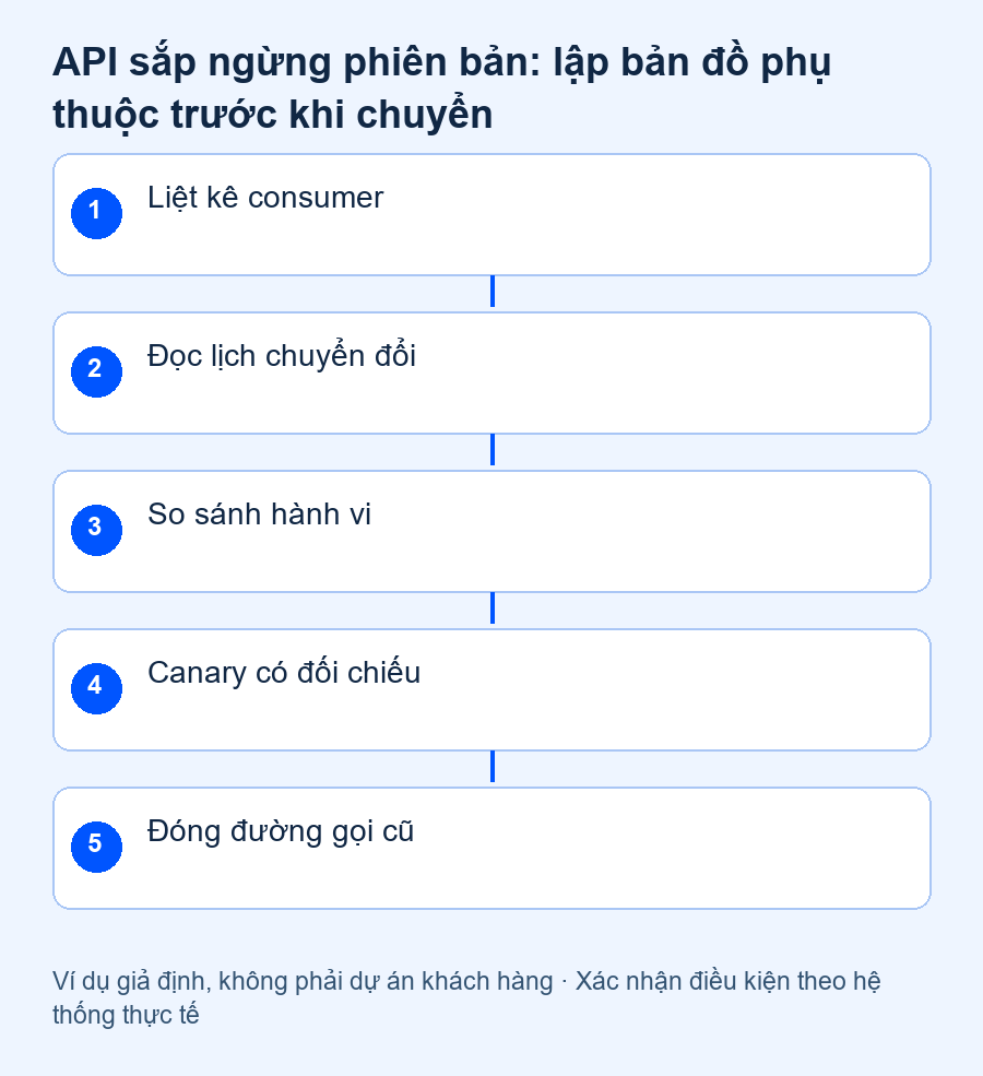 API ngừng phiên bản: Liệt kê consumer, Đọc lịch chuyển đổi, So sánh hành vi, Canary có đối chiếu, Đóng đường gọi cũ