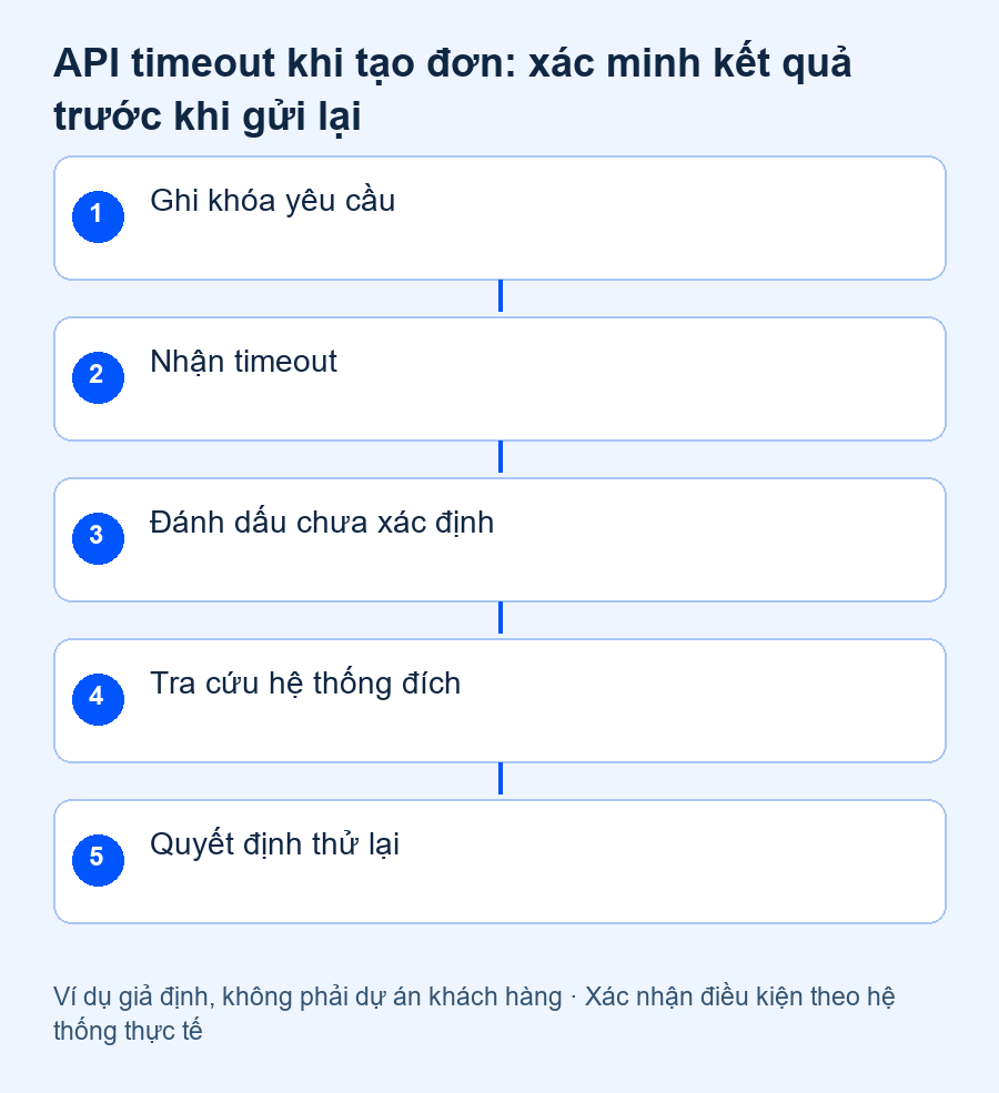 API timeout không rõ kết quả: Ghi khóa yêu cầu, Nhận timeout, Đánh dấu chưa xác định, Tra cứu hệ thống đích, Quyết định thử lại