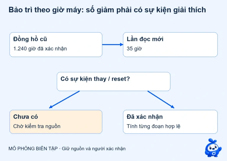 AI bảo trì theo giờ máy: xử lý số đọc thiếu và đồng hồ thay mới